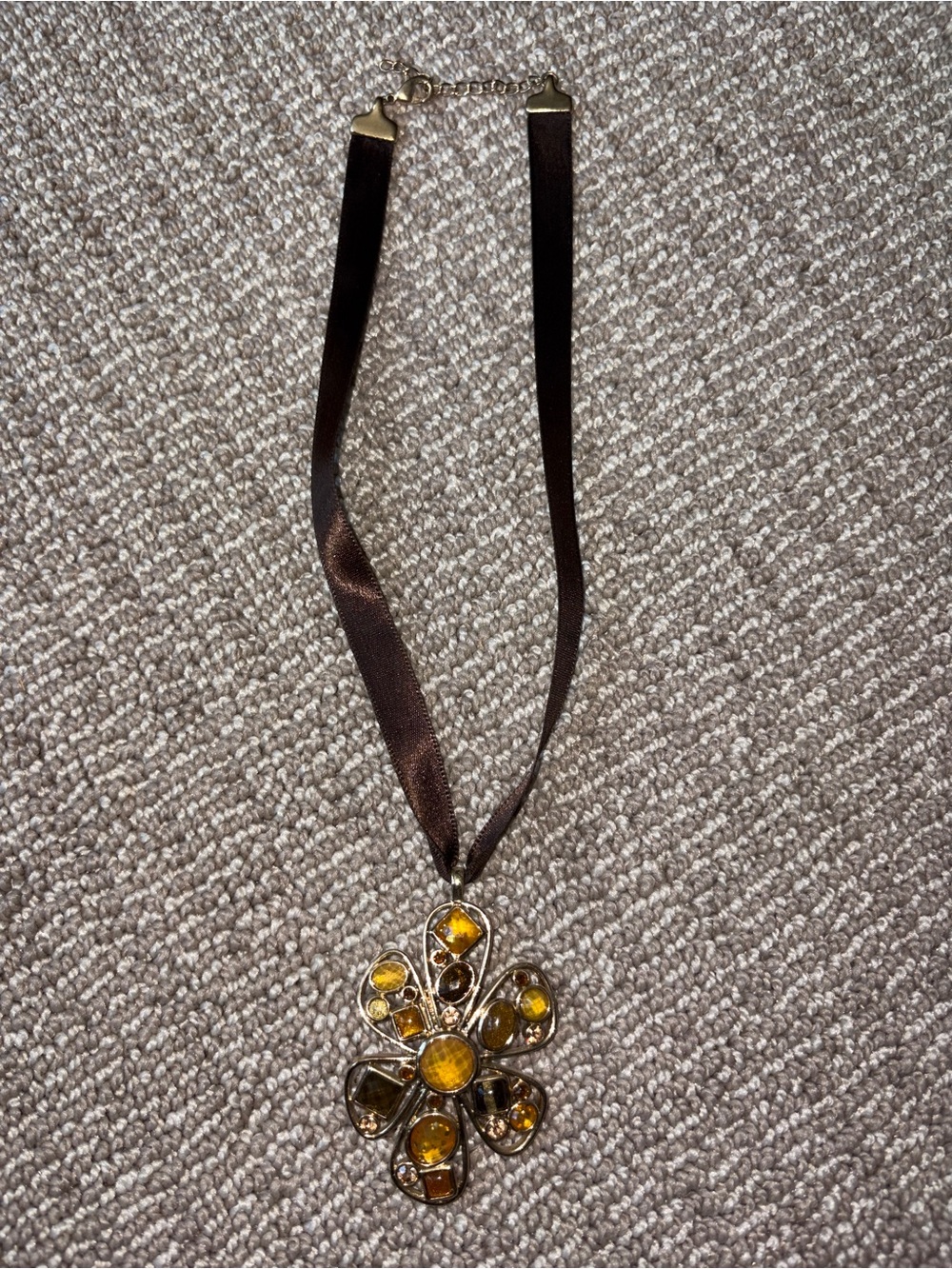Brown Ribbon Necklace with Amber Flower Pendant 1.5β extender